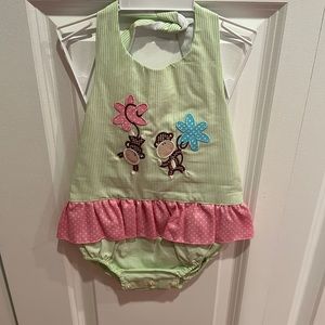 NWT smoke free home monkey jumper, green and pink smoke free home